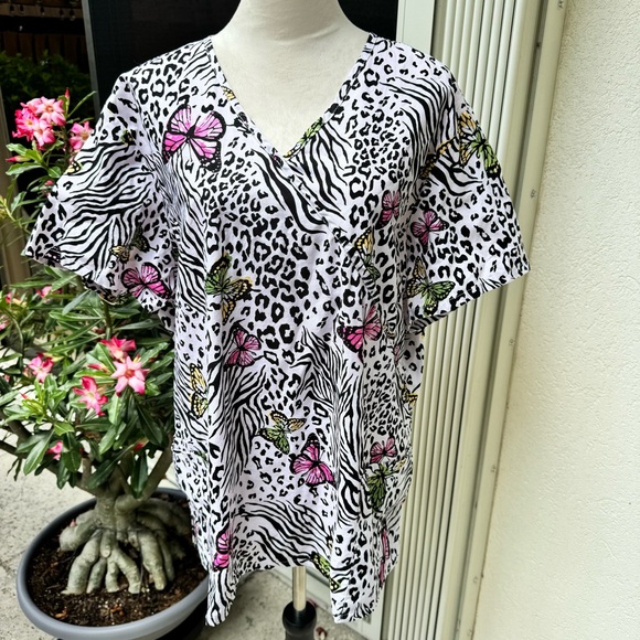 Tops - Women's Medical Nursing Scrub. Zebra Print W/Multicolored Butterflies. 2…